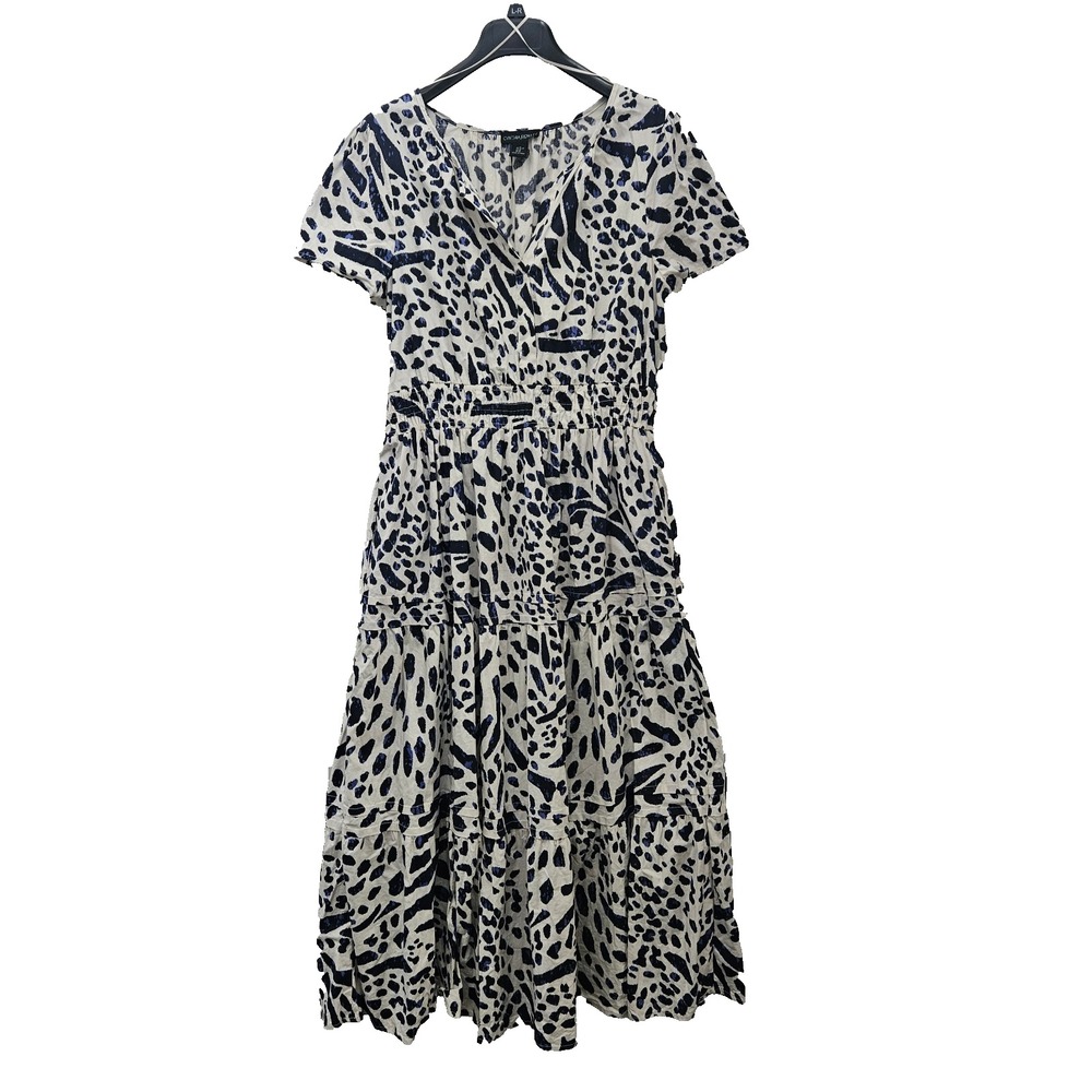 Cynthia Rowley Midi Dress Womens XL Navy and White Animal-Print Tiered